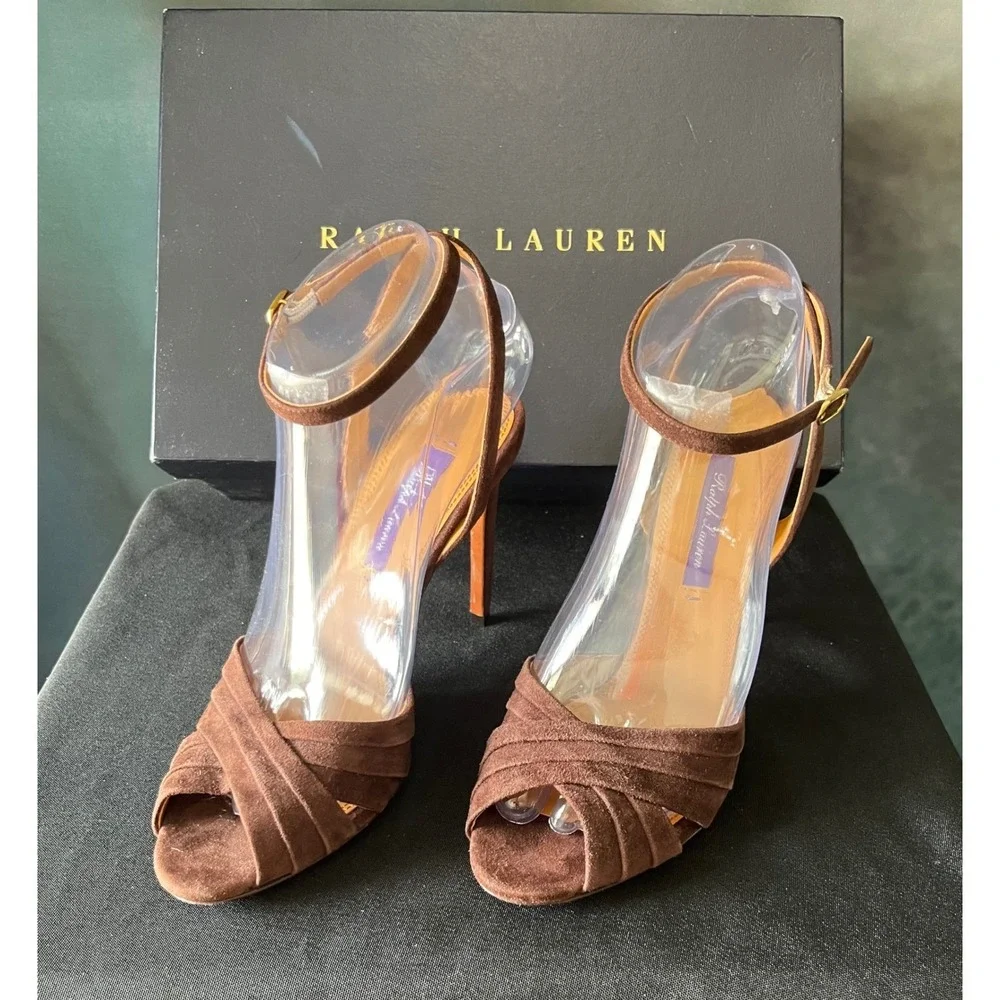 Ralph Lauren Purple Label Brown Suede Criss Cross Ankle‎ Strap Heels Size 38B